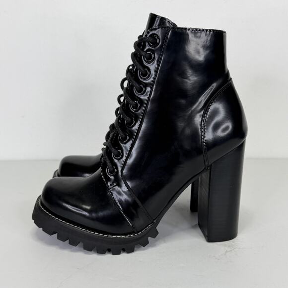 JEFFREY CAMPBELL Black Leather Bootie Lug Sole Chunky Block Heel Womens 6.5 Goth - Picture 5 of 11